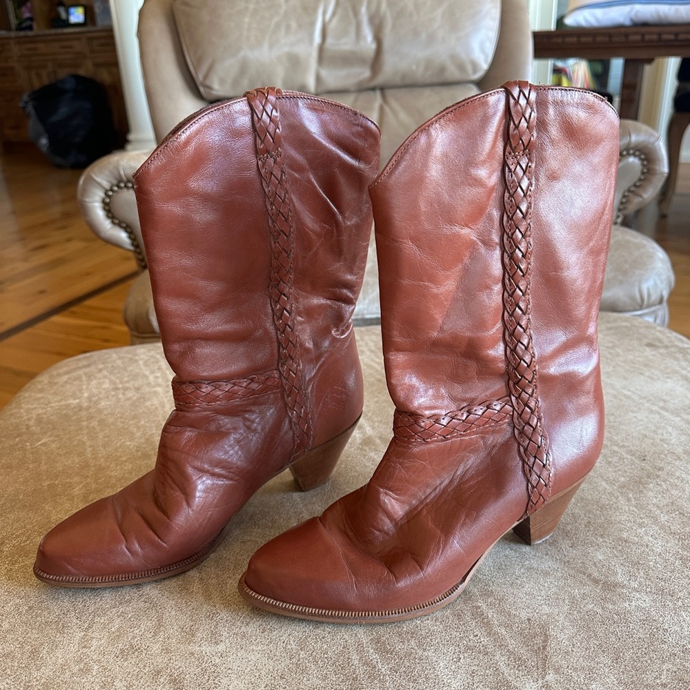 Dingo Women's Tan Leather Heeled Boots vintage 8 braided brown